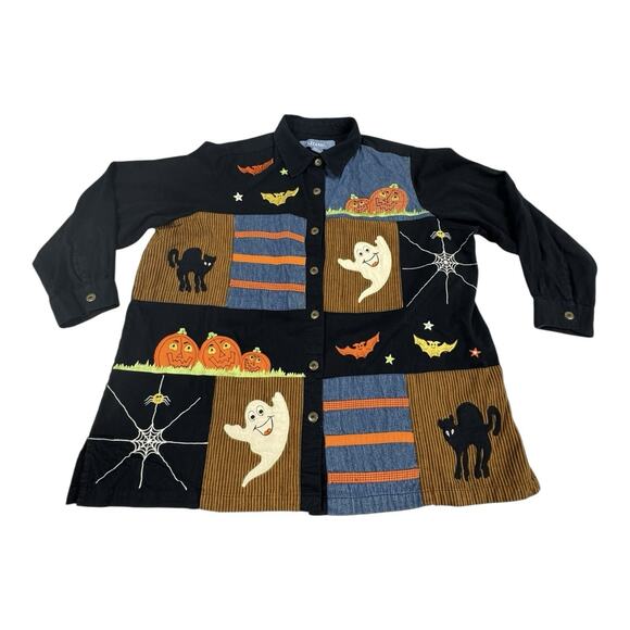 Vintage Liz&Me Halloween Black 1X Jacket Embroidery Pumpkin Cat Ghost Bat Spider - Picture 1 of 12